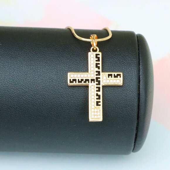 "Rose Gold Cross Pendant with Greek Key Design and Sparkling Stones, XPPT1610 - Picture 6 of 13